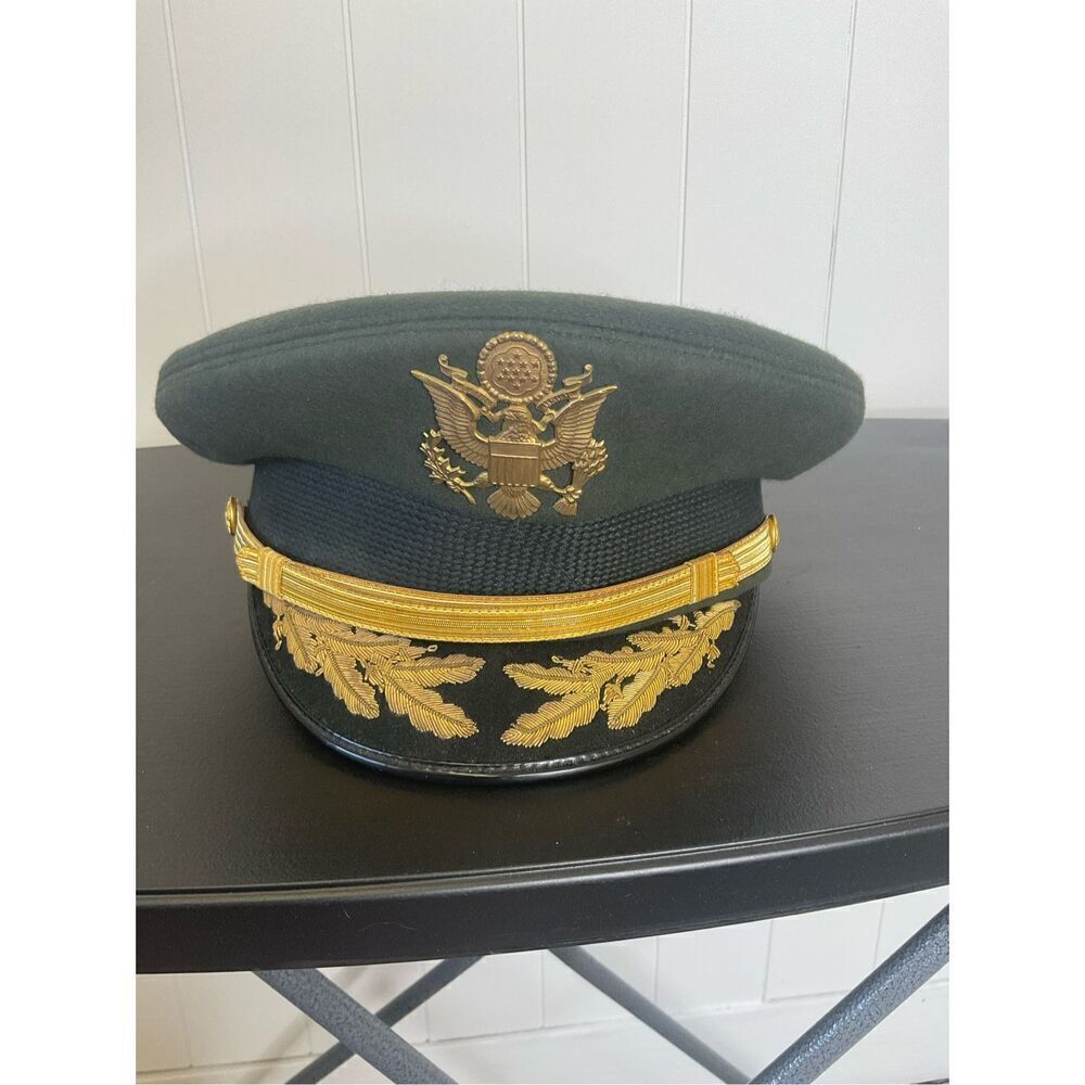 Vintage Military Army Officers Hat Cap Black Gold Quarter Master with Rain Cover